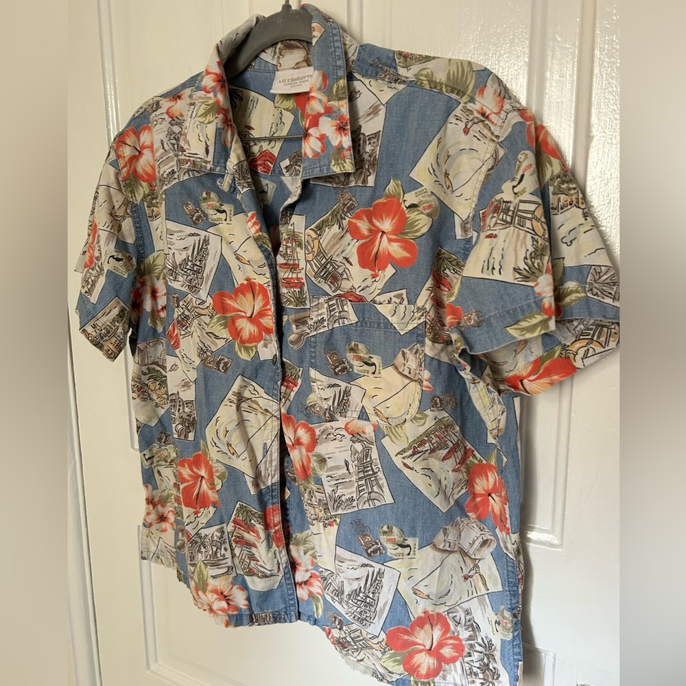Vintage Liz Claiborne Blue and Orange Floral Shirt